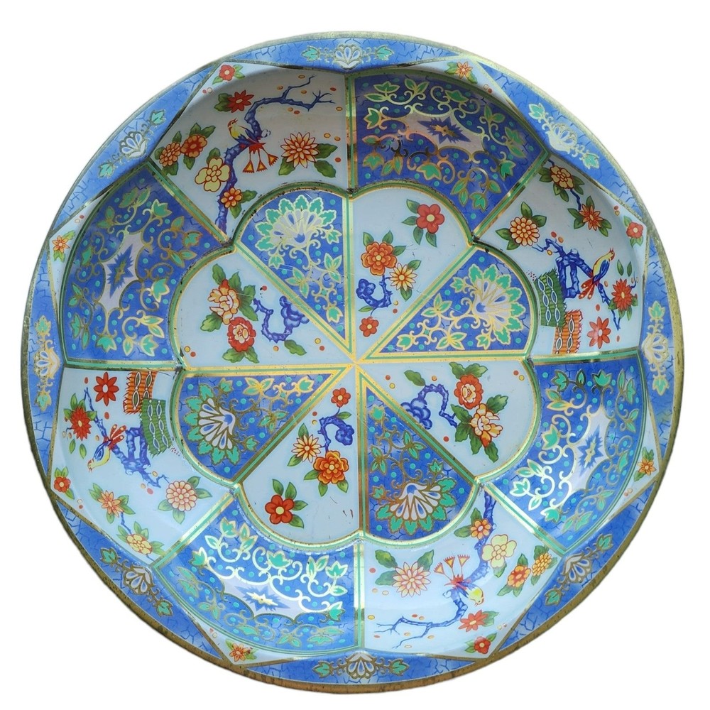 Vintage Floral Bird Tin Bowl Designed by Daher Made in England 11 inches Plate